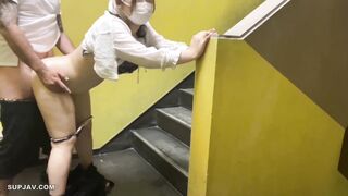 Asian babe sucking dick on the steps like a legit whore